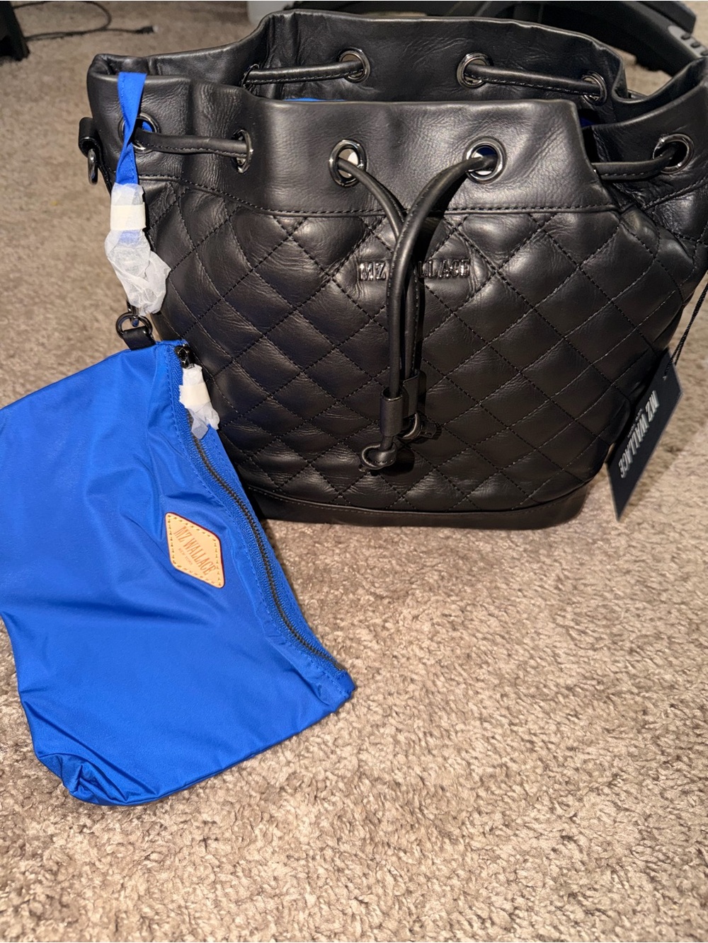 MZ Wallace LEATHER Bucket Bag. Black w Drawstring. NWT
